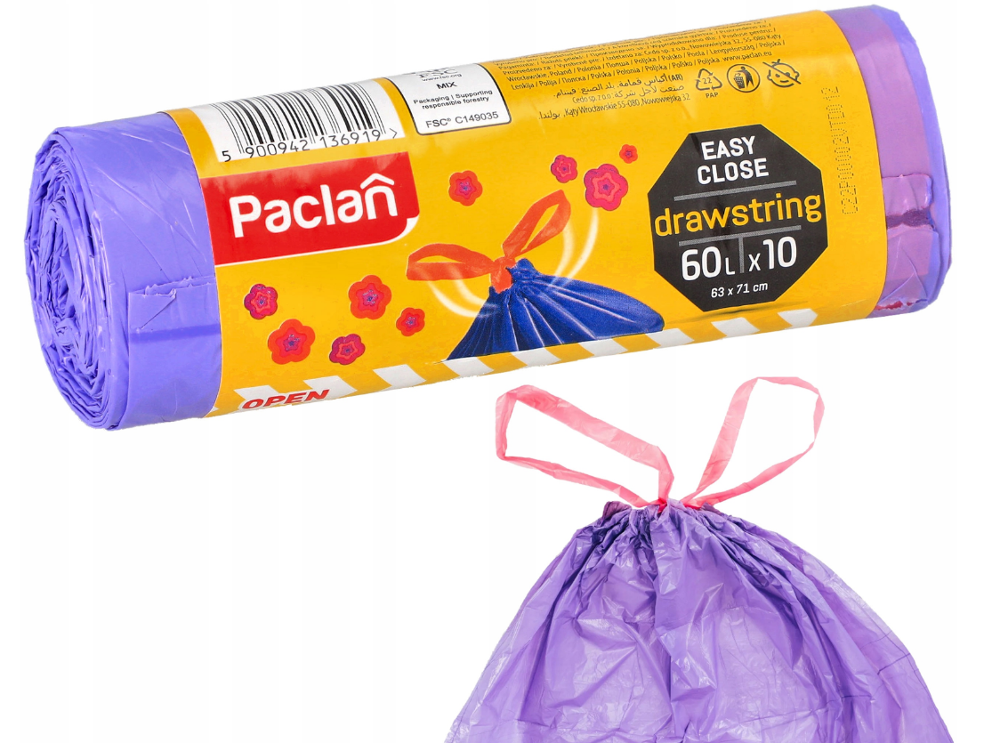 PACLAN Vrecia na odpad do koša zaväzovacie 60 L 10 ks