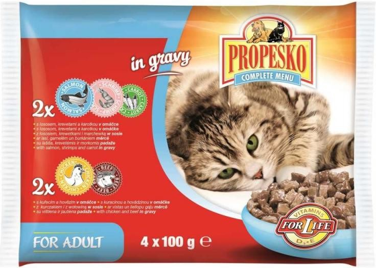 Propesko kapsa pre mačky losos-kreveta a kura-hovädzia 4x100g